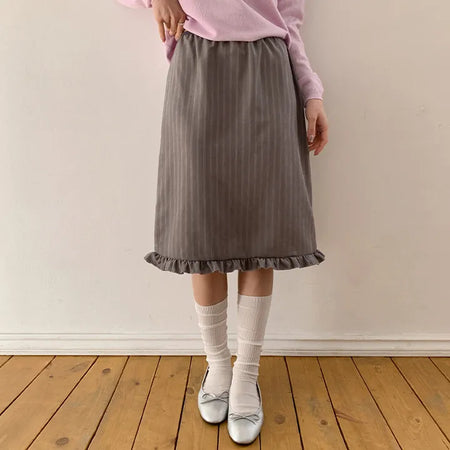 Semain Banding Frill Striped Midi Skirt