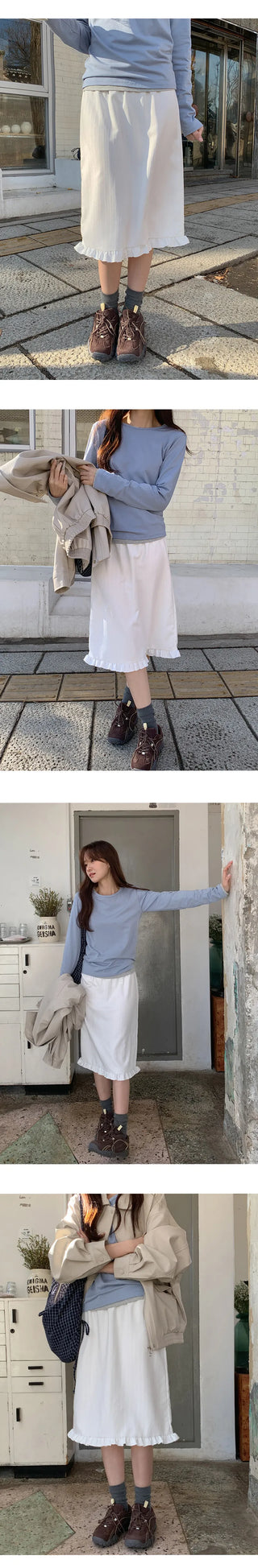 Semain Banding Frill Striped Midi Skirt