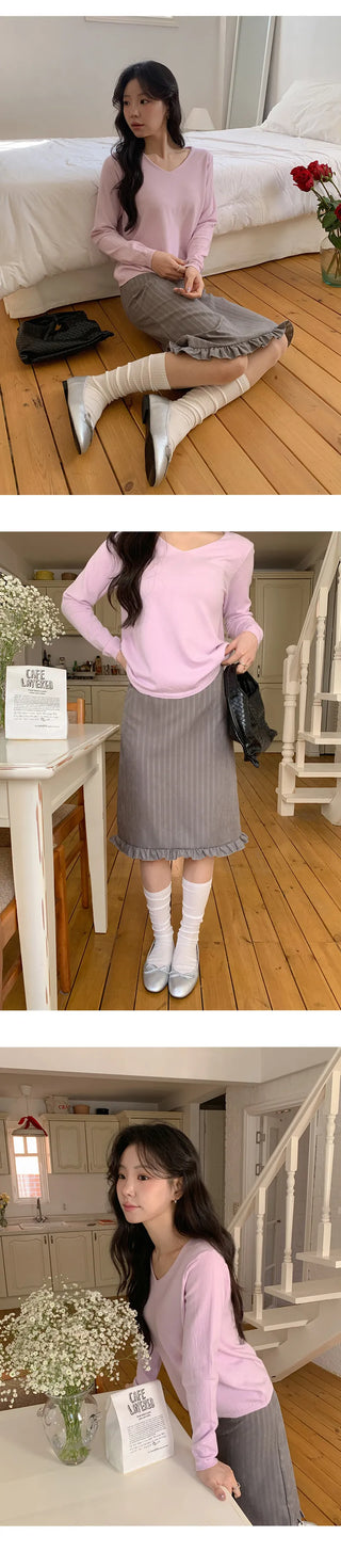 Semain Banding Frill Striped Midi Skirt