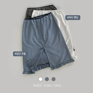 Semain Banding Frill Striped Midi Skirt