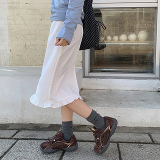 Semain Banding Frill Striped Midi Skirt