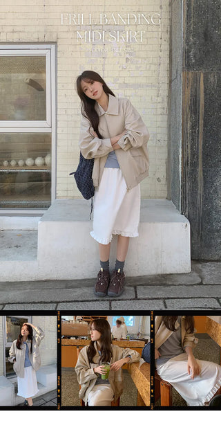 Semain Banding Frill Striped Midi Skirt