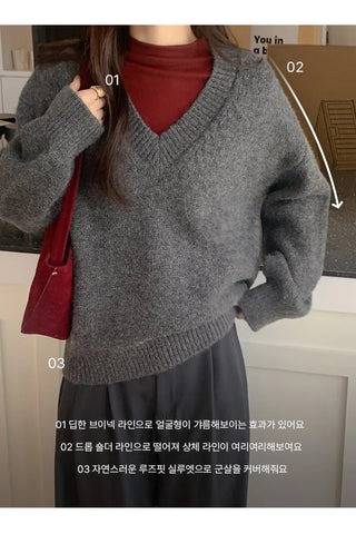 Morinen Loose Fit V Neck Long Sleeve Knit