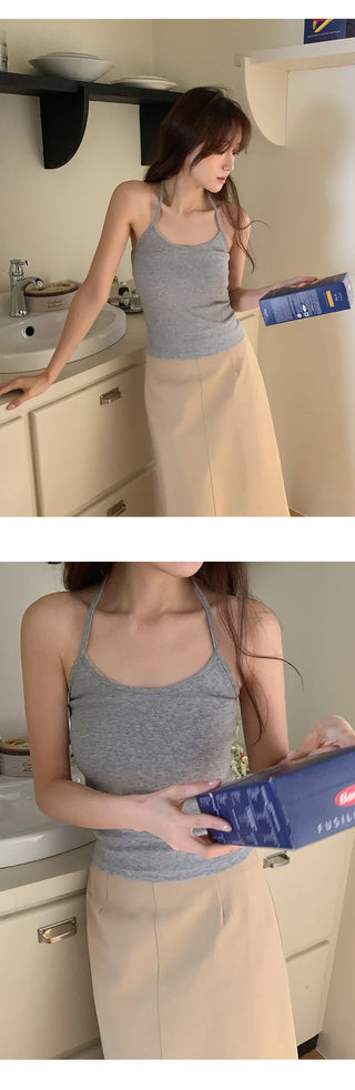 Odenne Ribbed Halter Neck Slim Sleeveless Top