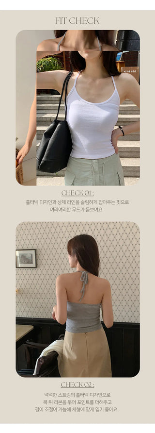 Odenne Ribbed Halter Neck Slim Sleeveless Top