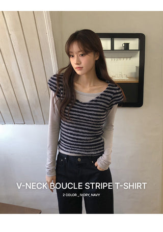 Terrienne Boucle Striped Deep V Puff Cap Short Sleeve T shirt