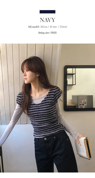 Terrienne Boucle Striped Deep V Puff Cap Short Sleeve T shirt