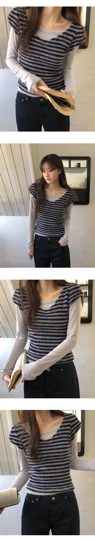 Terrienne Boucle Striped Deep V Puff Cap Short Sleeve T shirt