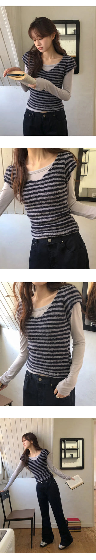 Terrienne Boucle Striped Deep V Puff Cap Short Sleeve T shirt