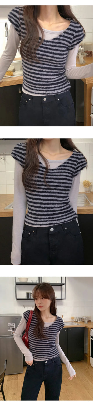 Terrienne Boucle Striped Deep V Puff Cap Short Sleeve T shirt