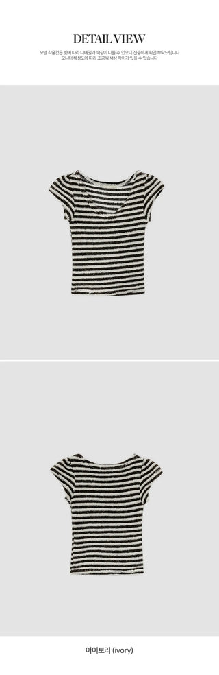 Terrienne Boucle Striped Deep V Puff Cap Short Sleeve T shirt