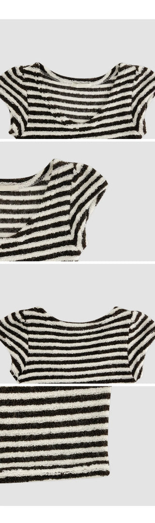 Terrienne Boucle Striped Deep V Puff Cap Short Sleeve T shirt