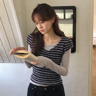 Terrienne Boucle Striped Deep V Puff Cap Short Sleeve T shirt