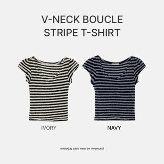 Terrienne Boucle Striped Deep V Puff Cap Short Sleeve T shirt