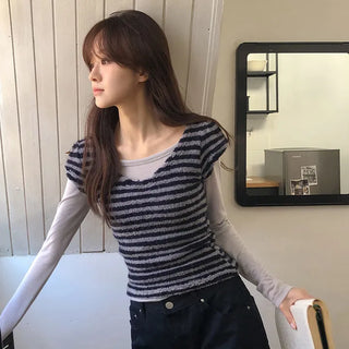 Terrienne Boucle Striped Deep V Puff Cap Short Sleeve T shirt