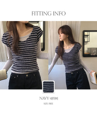 Terrienne Boucle Striped Deep V Puff Cap Short Sleeve T shirt