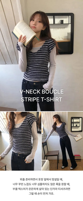 Terrienne Boucle Striped Deep V Puff Cap Short Sleeve T shirt