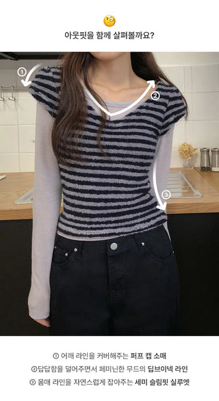 Terrienne Boucle Striped Deep V Puff Cap Short Sleeve T shirt