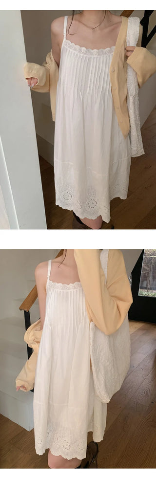 Moss Pintuck Lace Punching Sleeveless Mini Dress