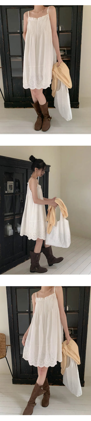 Moss Pintuck Lace Punching Sleeveless Mini Dress