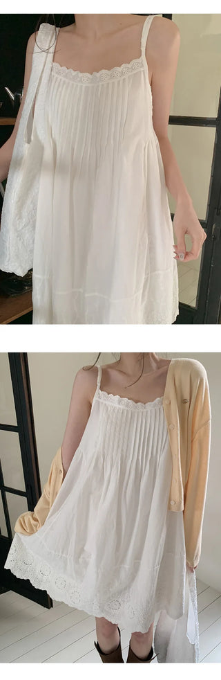 Moss Pintuck Lace Punching Sleeveless Mini Dress