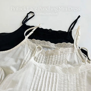 Moss Pintuck Lace Punching Sleeveless Mini Dress
