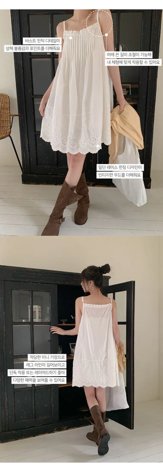 Moss Pintuck Lace Punching Sleeveless Mini Dress