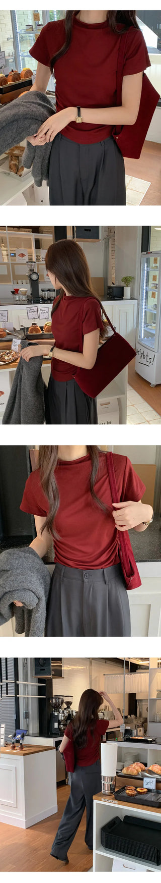 Nient Half Neck Shirred Drape Short Sleeve T Shirt