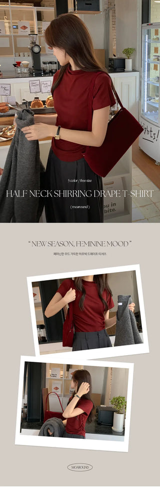 Nient Half Neck Shirred Drape Short Sleeve T Shirt
