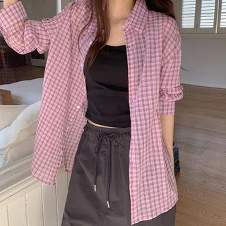 Toens Loose Fit See through Wrinkle Check Long Sleeve Shirt