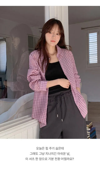 Toens Loose Fit See through Wrinkle Check Long Sleeve Shirt