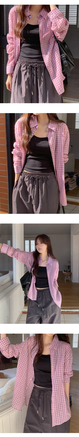 Toens Loose Fit See through Wrinkle Check Long Sleeve Shirt