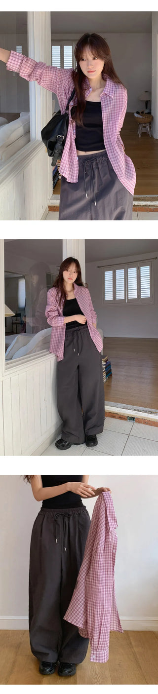 Toens Loose Fit See through Wrinkle Check Long Sleeve Shirt