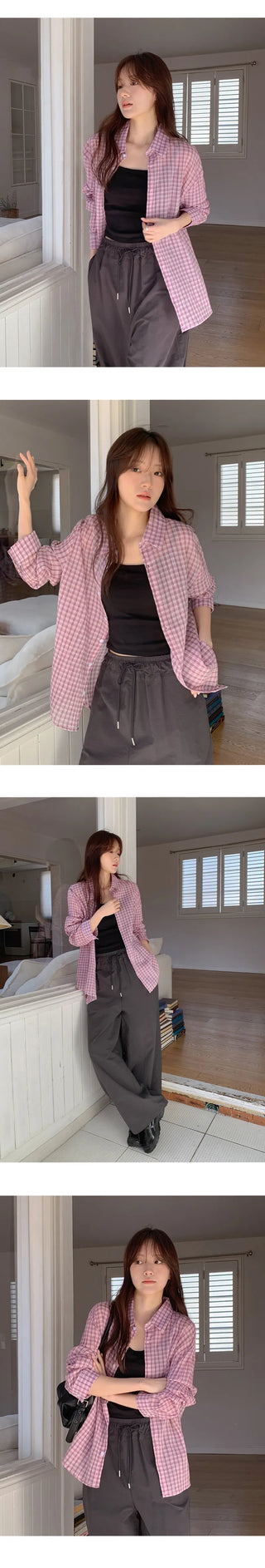 Toens Loose Fit See through Wrinkle Check Long Sleeve Shirt