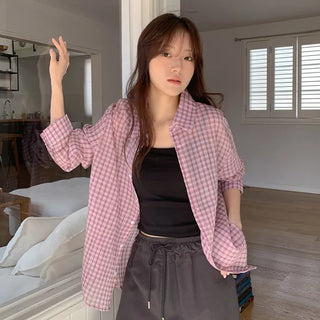 Toens Loose Fit See through Wrinkle Check Long Sleeve Shirt