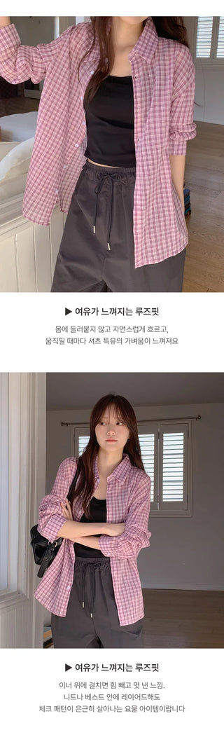 Toens Loose Fit See through Wrinkle Check Long Sleeve Shirt