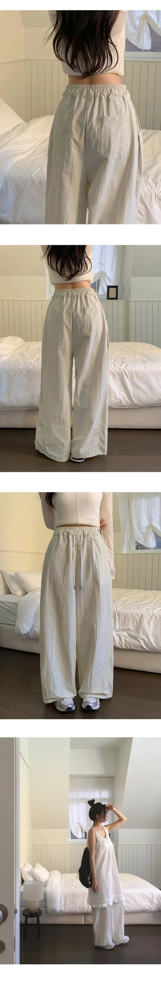 Vant Nylon Two Way Elastic String Side Pintuck Wide Pants