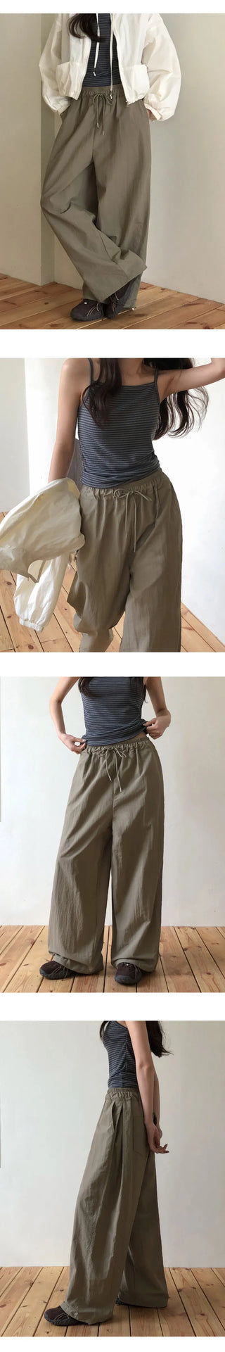 Vant Nylon Two Way Elastic String Side Pintuck Wide Pants