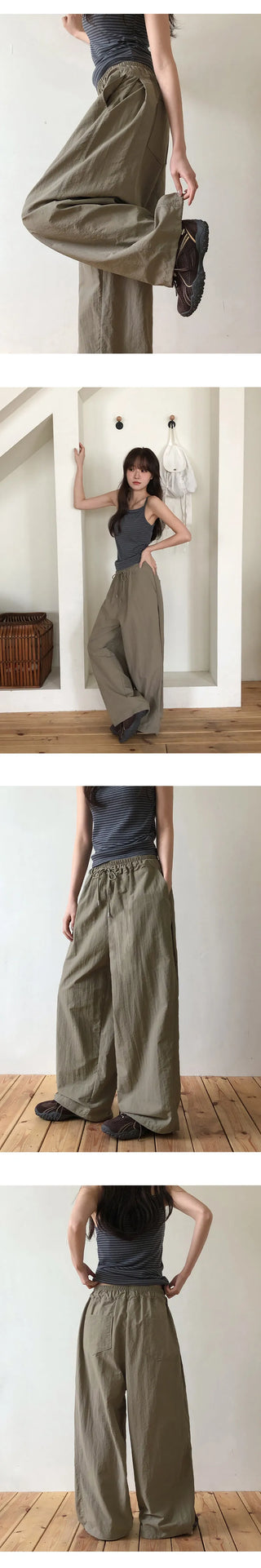 Vant Nylon Two Way Elastic String Side Pintuck Wide Pants