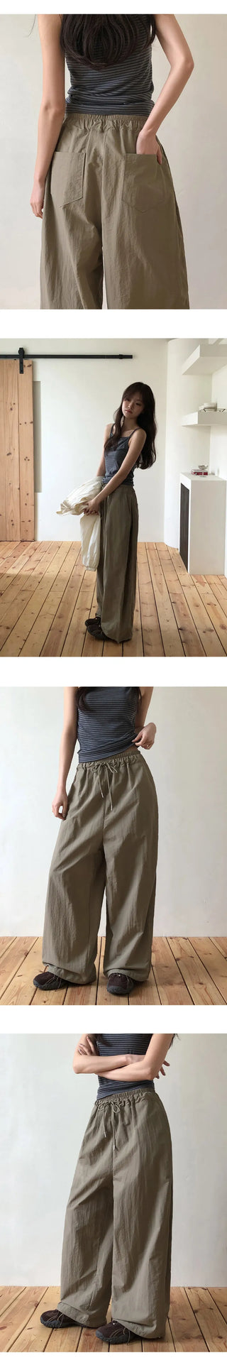 Vant Nylon Two Way Elastic String Side Pintuck Wide Pants