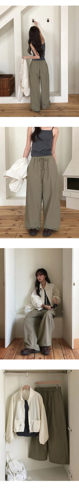 Vant Nylon Two Way Elastic String Side Pintuck Wide Pants