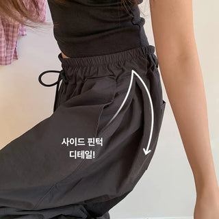 Vant Nylon Two Way Elastic String Side Pintuck Wide Pants