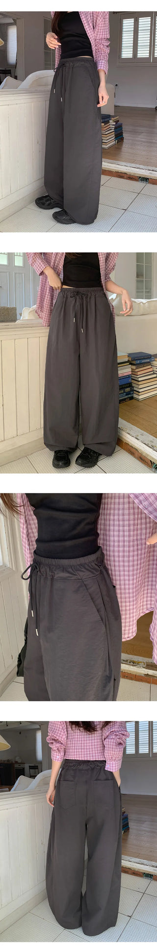 Vant Nylon Two Way Elastic String Side Pintuck Wide Pants