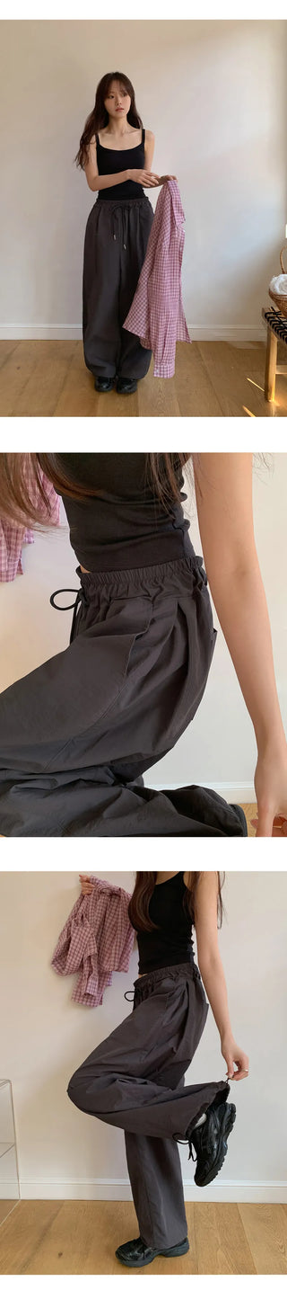Vant Nylon Two Way Elastic String Side Pintuck Wide Pants
