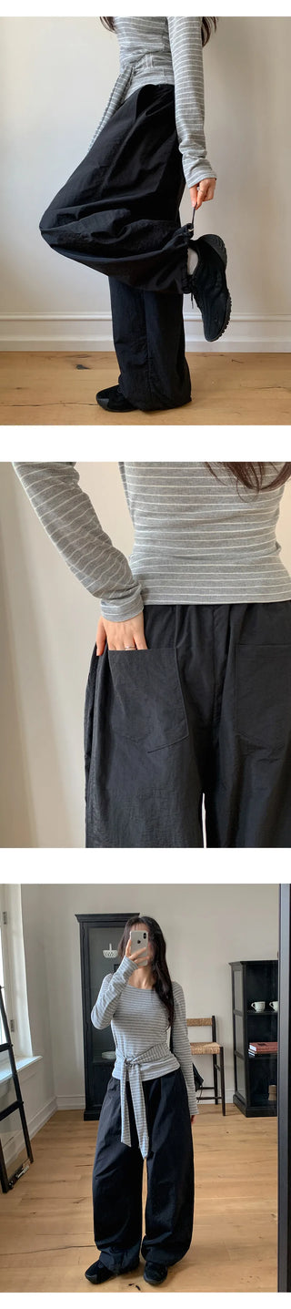 Vant Nylon Two Way Elastic String Side Pintuck Wide Pants