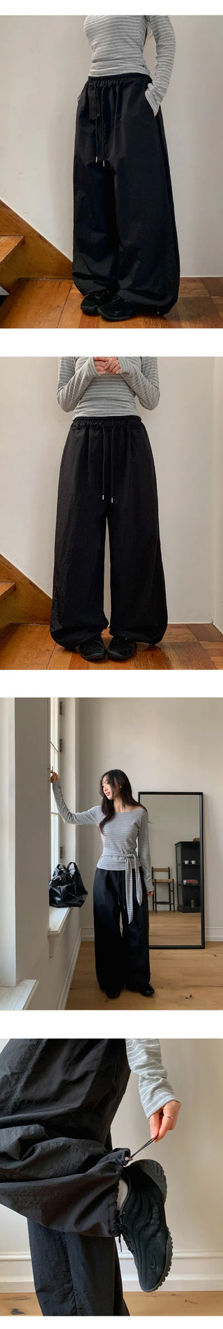 Vant Nylon Two Way Elastic String Side Pintuck Wide Pants