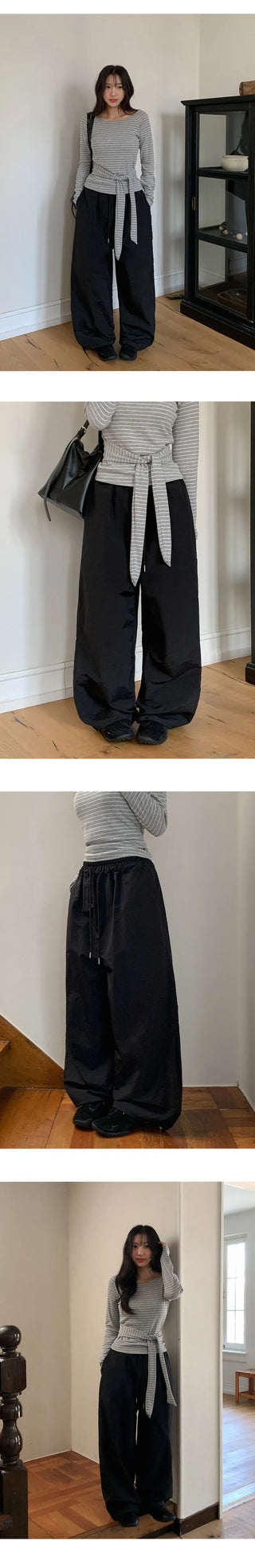 Vant Nylon Two Way Elastic String Side Pintuck Wide Pants
