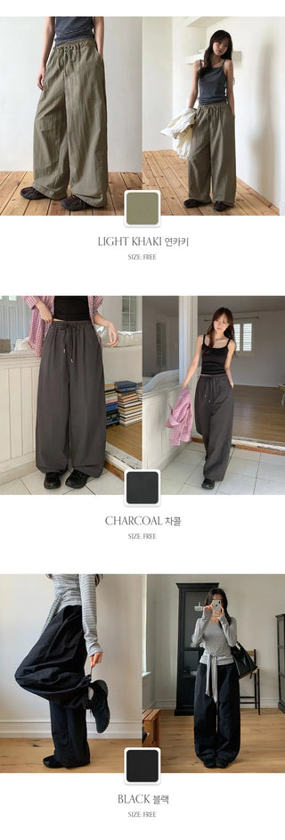 Vant Nylon Two Way Elastic String Side Pintuck Wide Pants