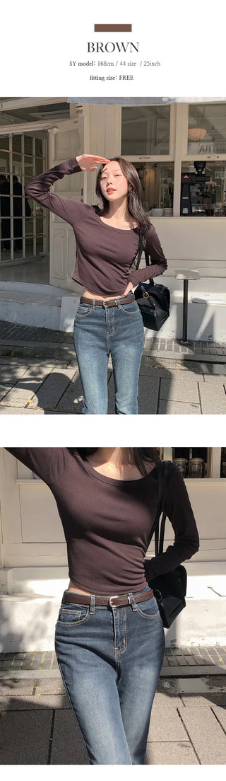 Tenian Square Neck Ribbed Round Long Sleeve T shirt