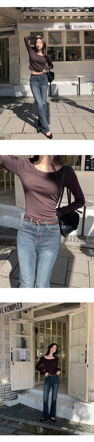 Tenian Square Neck Ribbed Round Long Sleeve T shirt